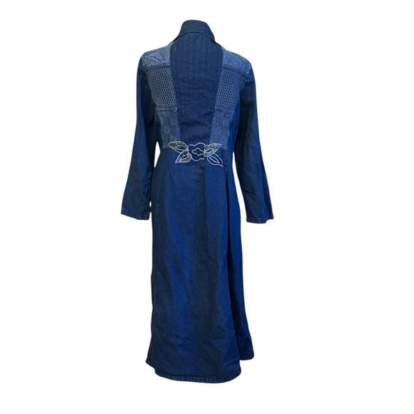 Vintage Styleworks Denim Duster Blue Embroidered Lace Long Jacket Sz 12 Boho - Picture 3 of 16